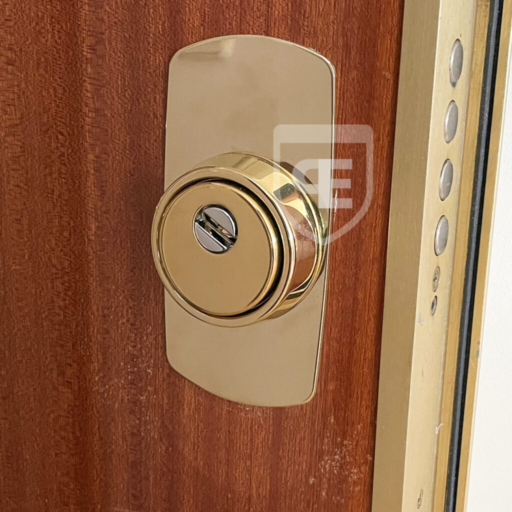 Escudo Disec Rok BD280 latón instalado en puerta